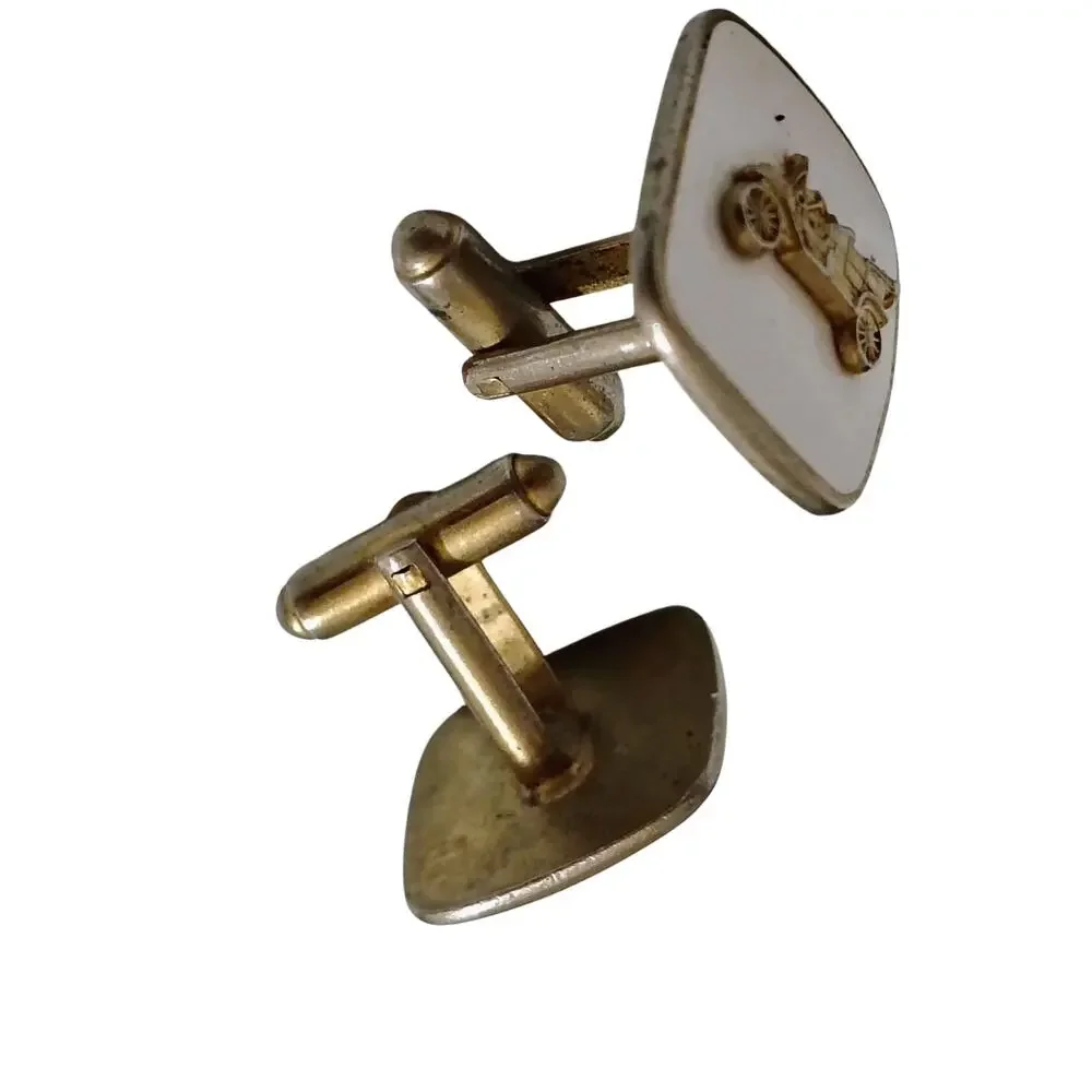 1950s Roadster White Enamel Cufflinks Faux Gold Metal Formal Wear Set of Two